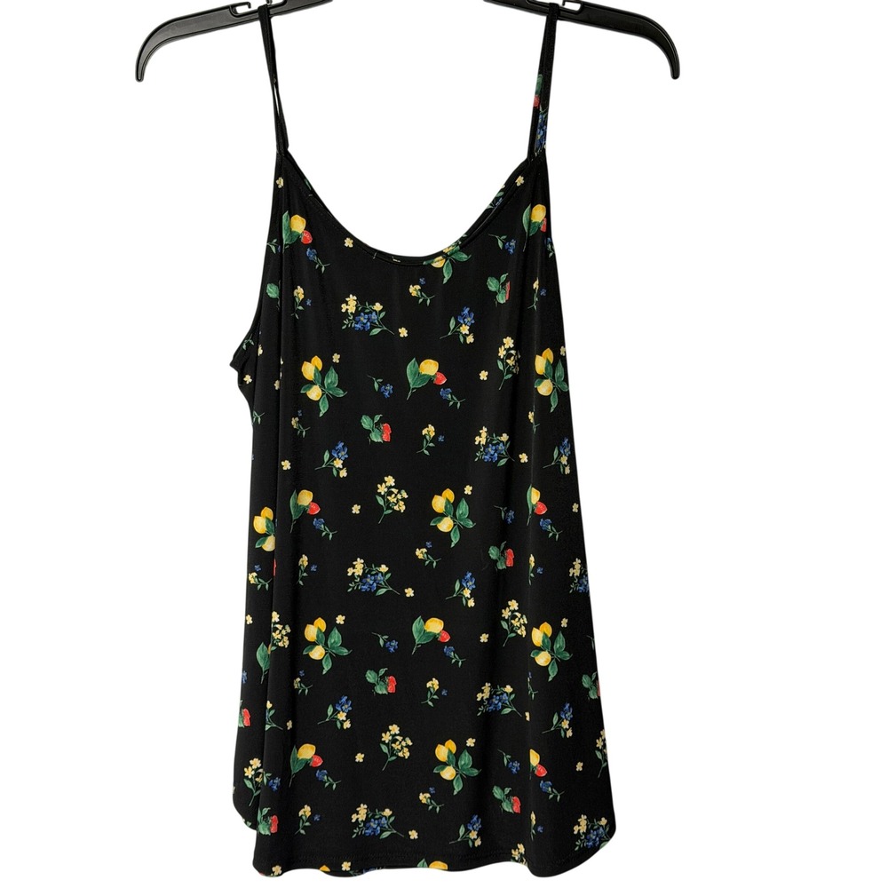 Kaileigh Lemon Floral Print Cami Tank Top Black Spaghetti Strap Womens Large